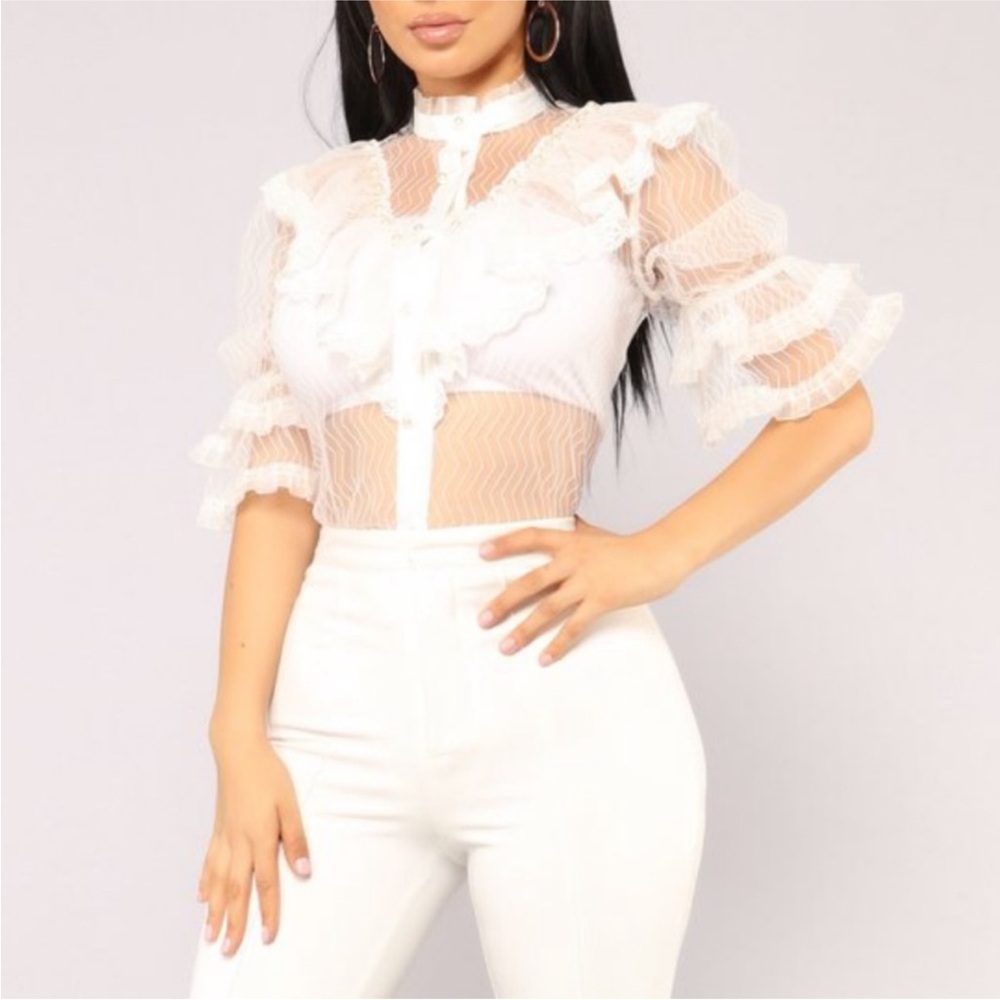 Fashion Nova Elegant White Ruffled Sheer Top